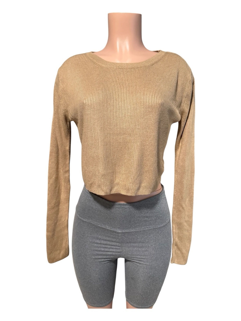 Forever 21 Tan Cropped Ribbed Long-Sleeve Top